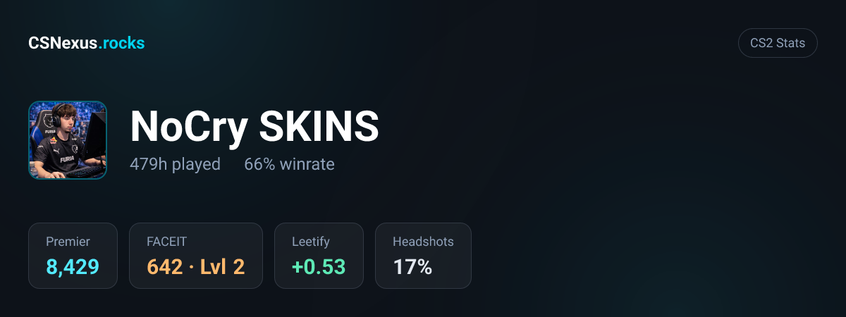 CS2 stats card for NoCry SKINS