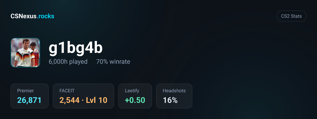 CS2 stats card for g1bg4b