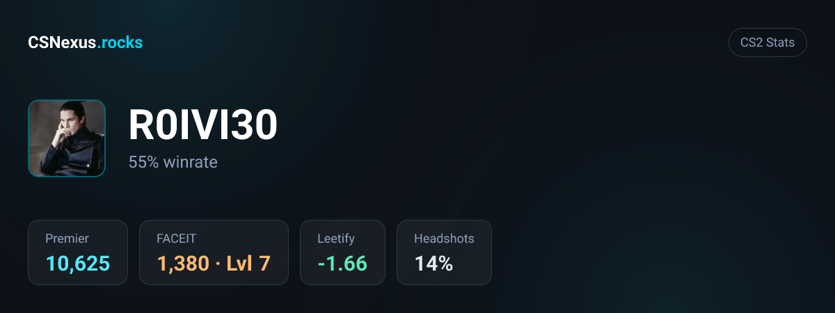CS2 stats card for R0IVI30