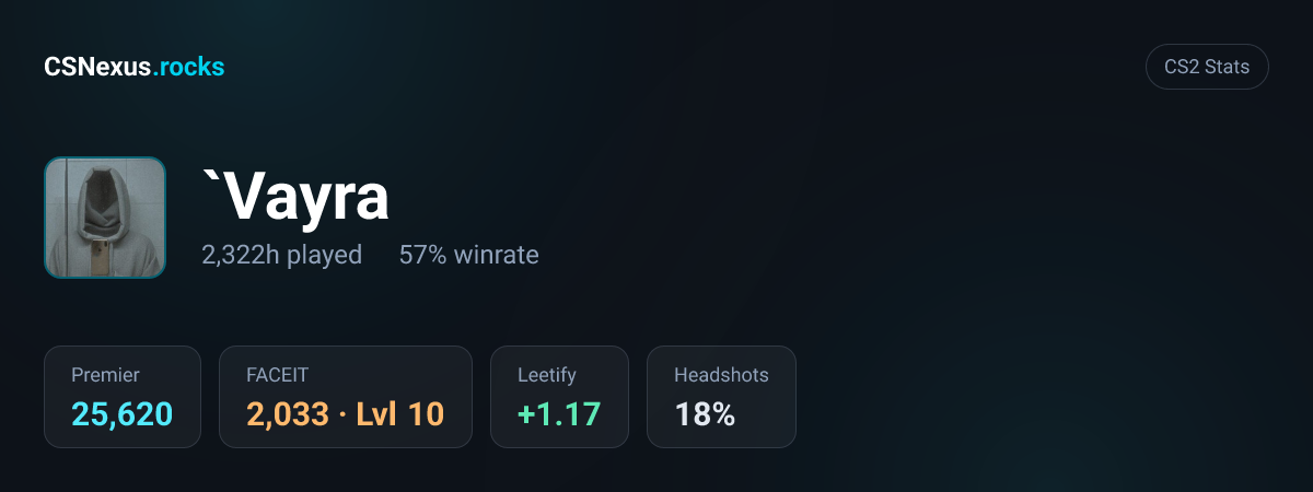 CS2 stats card for `Vayra
