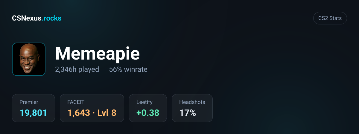 CS2 stats card for Memeapie