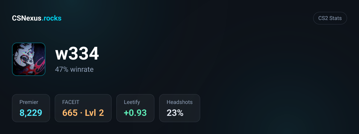 CS2 stats card for w334