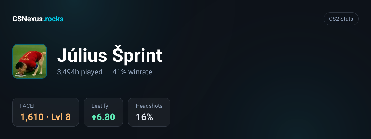 CS2 stats card for Július Šprint